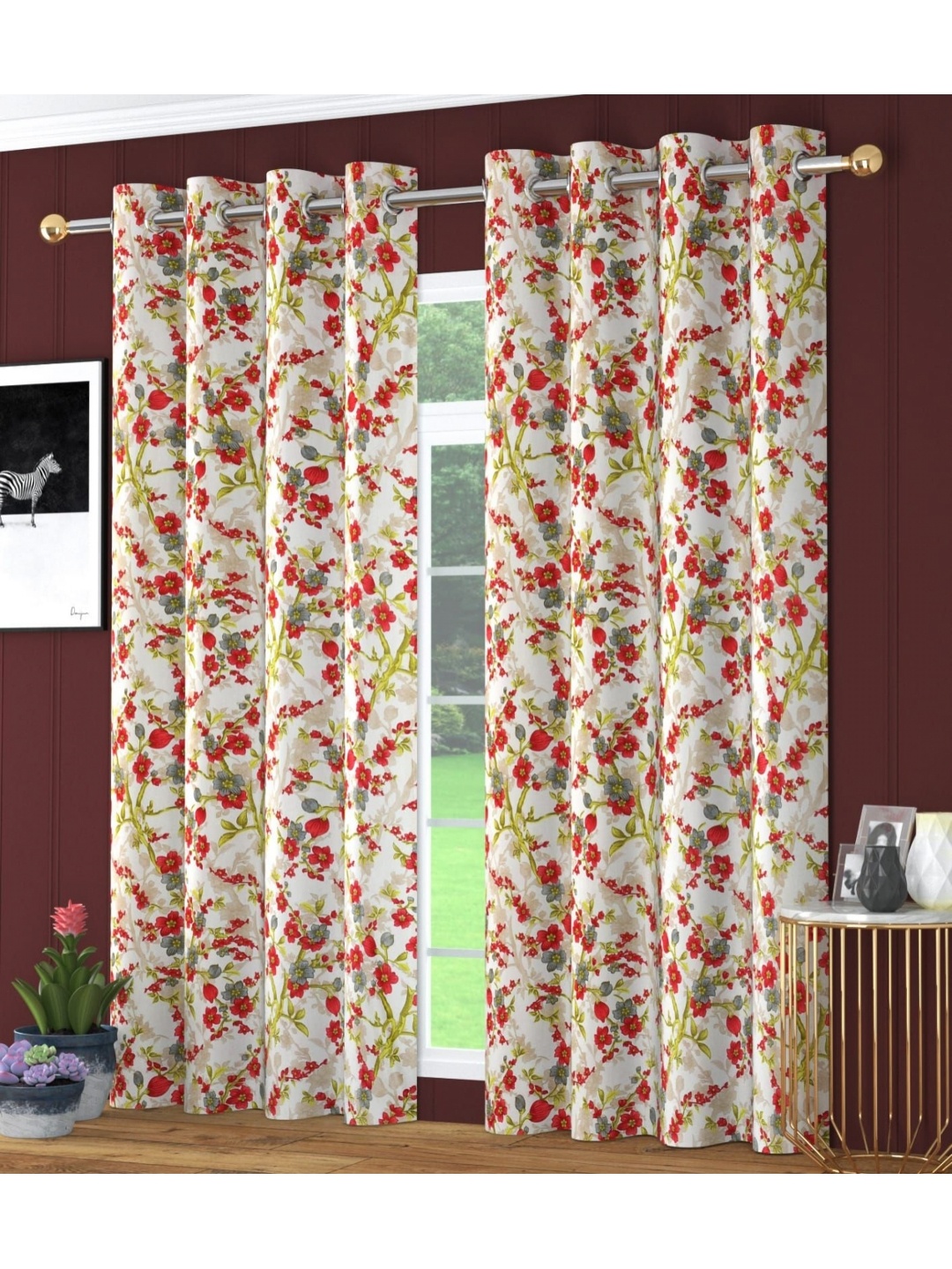 

RIDHAAN Red & White 2 Pieces Floral Printed Room Darkening Door Curtains