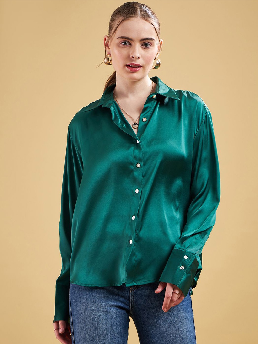 

JUNE & HARRY Women Satin Relaxed Fit Opaque Shirt, Green