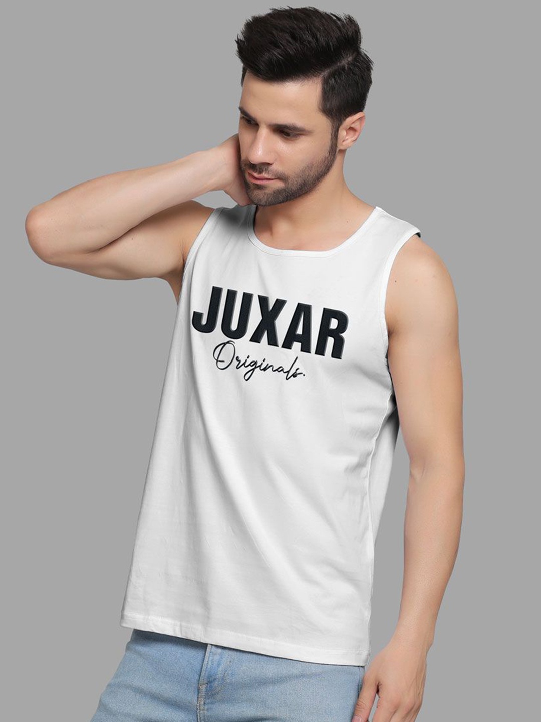 

Juxar Men Sleeveless Printed Pure Cotton Gym Vests JUX-18-WH-XS, White