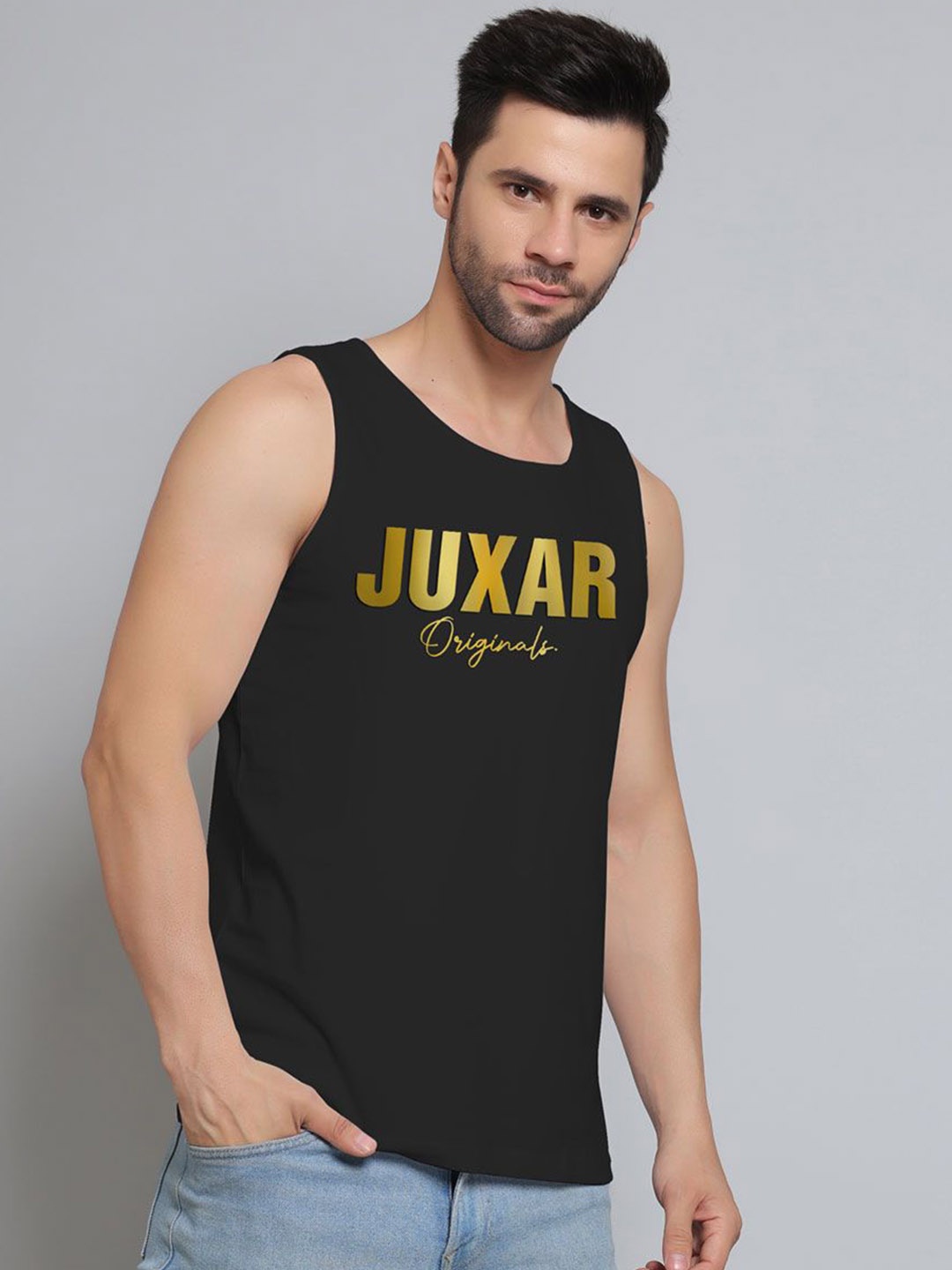

Juxar Men Printed Sleeveless Cotton Gym Innerwear Vests JUX-18-BK-GD-XS, Black
