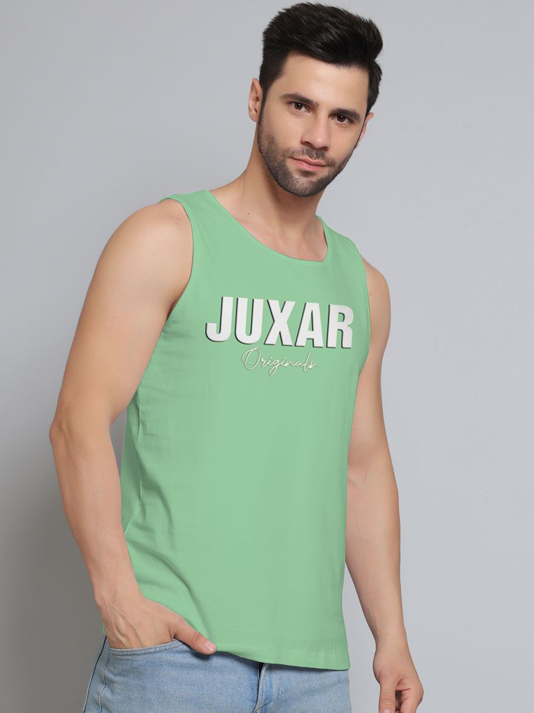 

Juxar Men Printed Sleeveless Cotton Gym Innerwear Vests JUX-18-MGR-WH-XS, Green