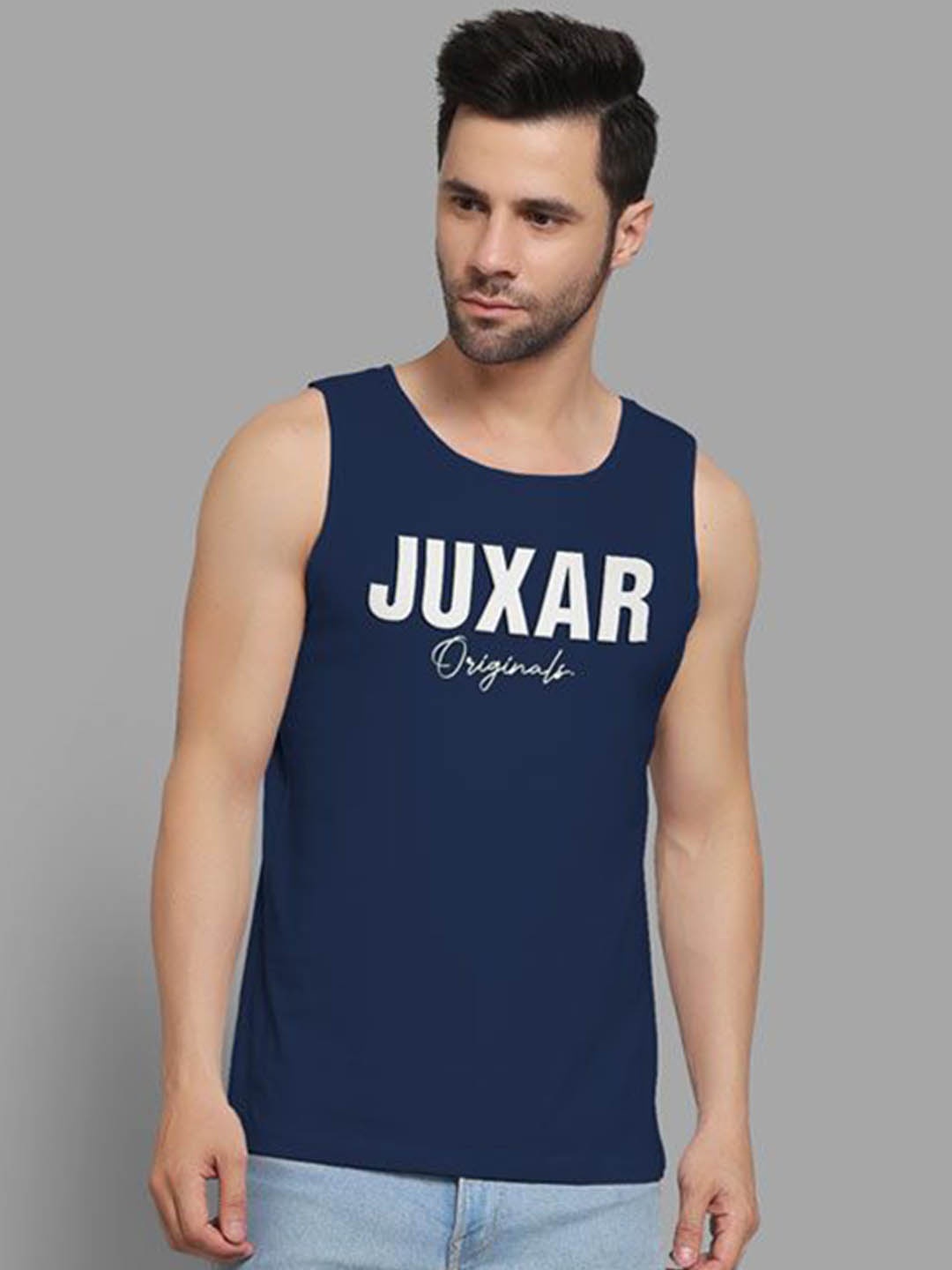 

Juxar Men Printed Sleeveless Cotton Gym Innerwear Vests JUX-18-BL-WH-XS, Navy blue