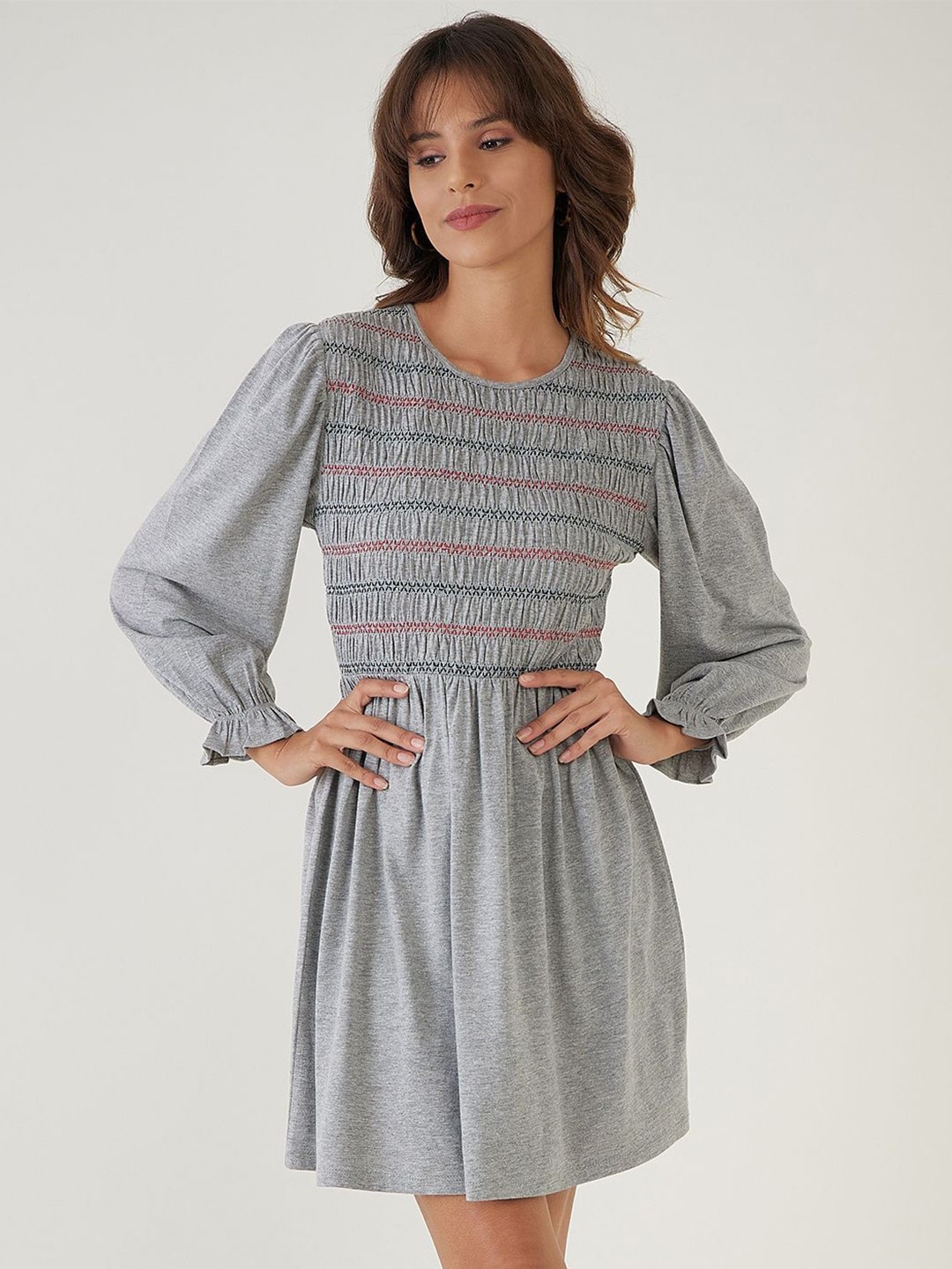 

JEFF COOPER Puff Sleeve Smocked Cotton Fit & Flare Dress, Grey