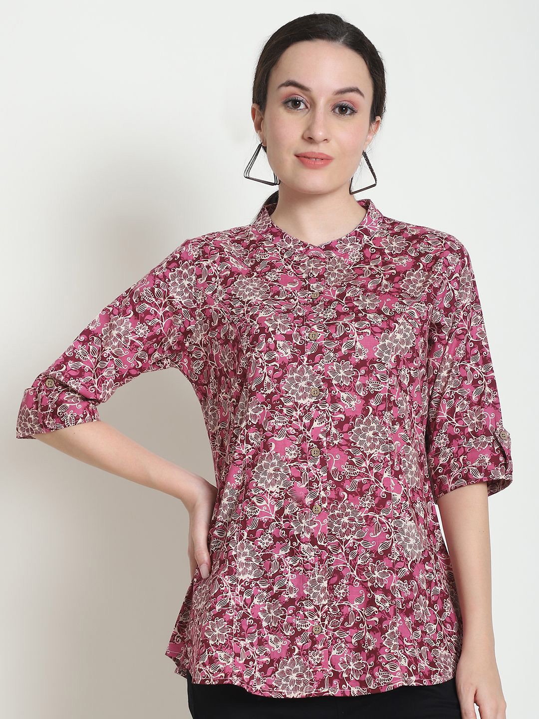 

WELL KEPT Women Floral Print Mandarin Collar Roll-Up Sleeves Organic Cotton Top, Magenta