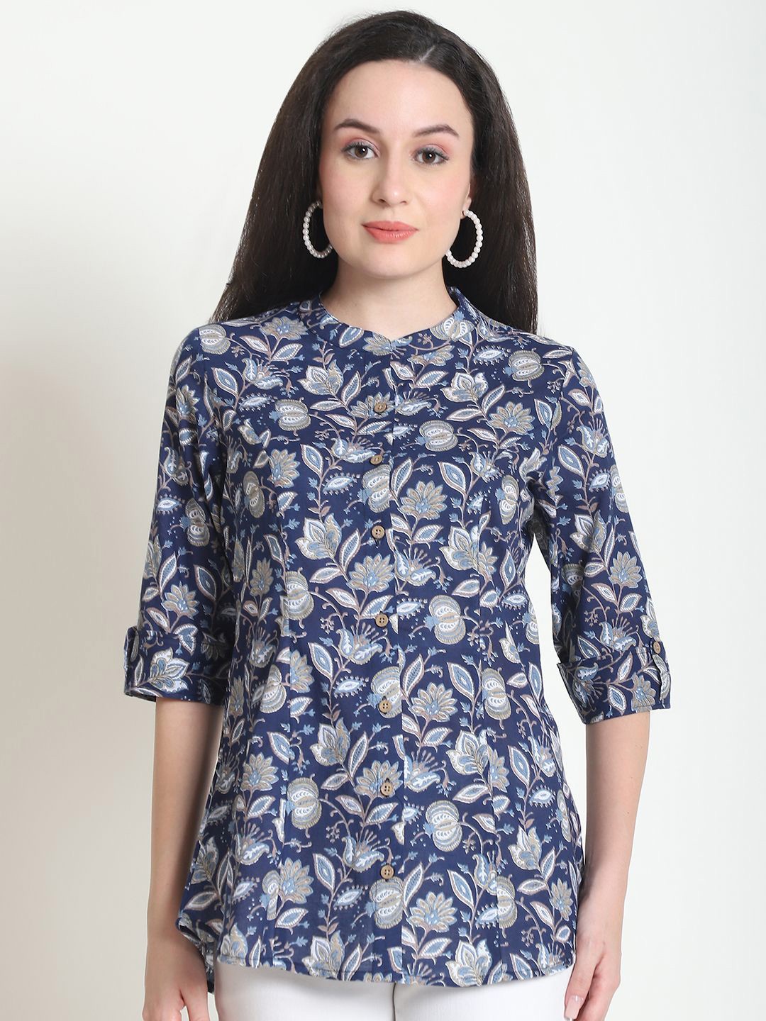 

WELL KEPT Women Floral Print Mandarin Collar Organic Cotton Shirt Style Top, Navy blue