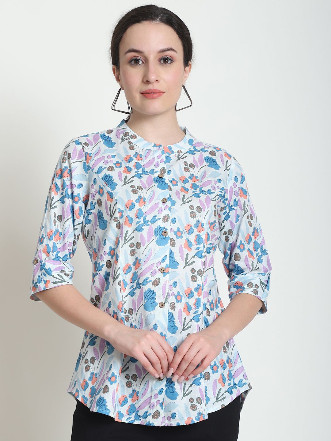 

WELL KEPT Women Floral Print Mandarin Collar Organic Cotton Top, Blue