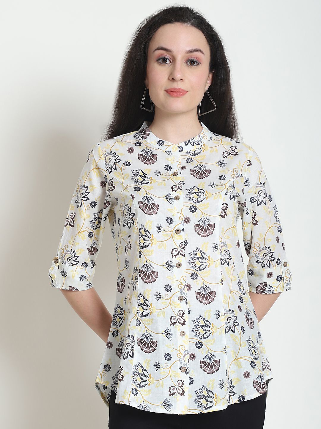 

WELL KEPT Women Floral Print Mandarin Collar Organic Cotton Shirt Style Top, Off white