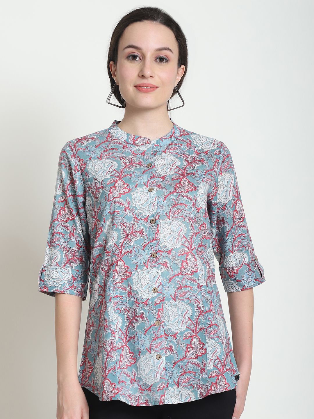 

WELL KEPT Women Floral Print Mandarin Collar Organic Cotton Shirt Style Top, Turquoise blue