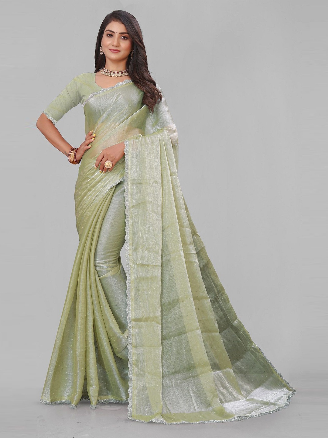 

DHARMEE Embellished Beads and Stones Celebrity Saree, Green