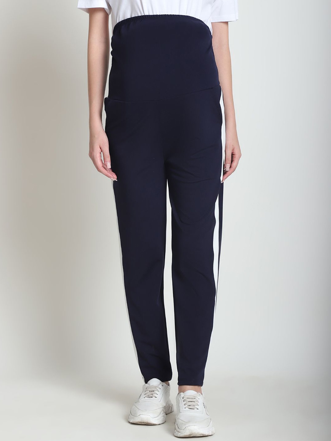 

WELL KEPT Women Mid-Rise Maternity Track Pants With Side Strip, Navy blue