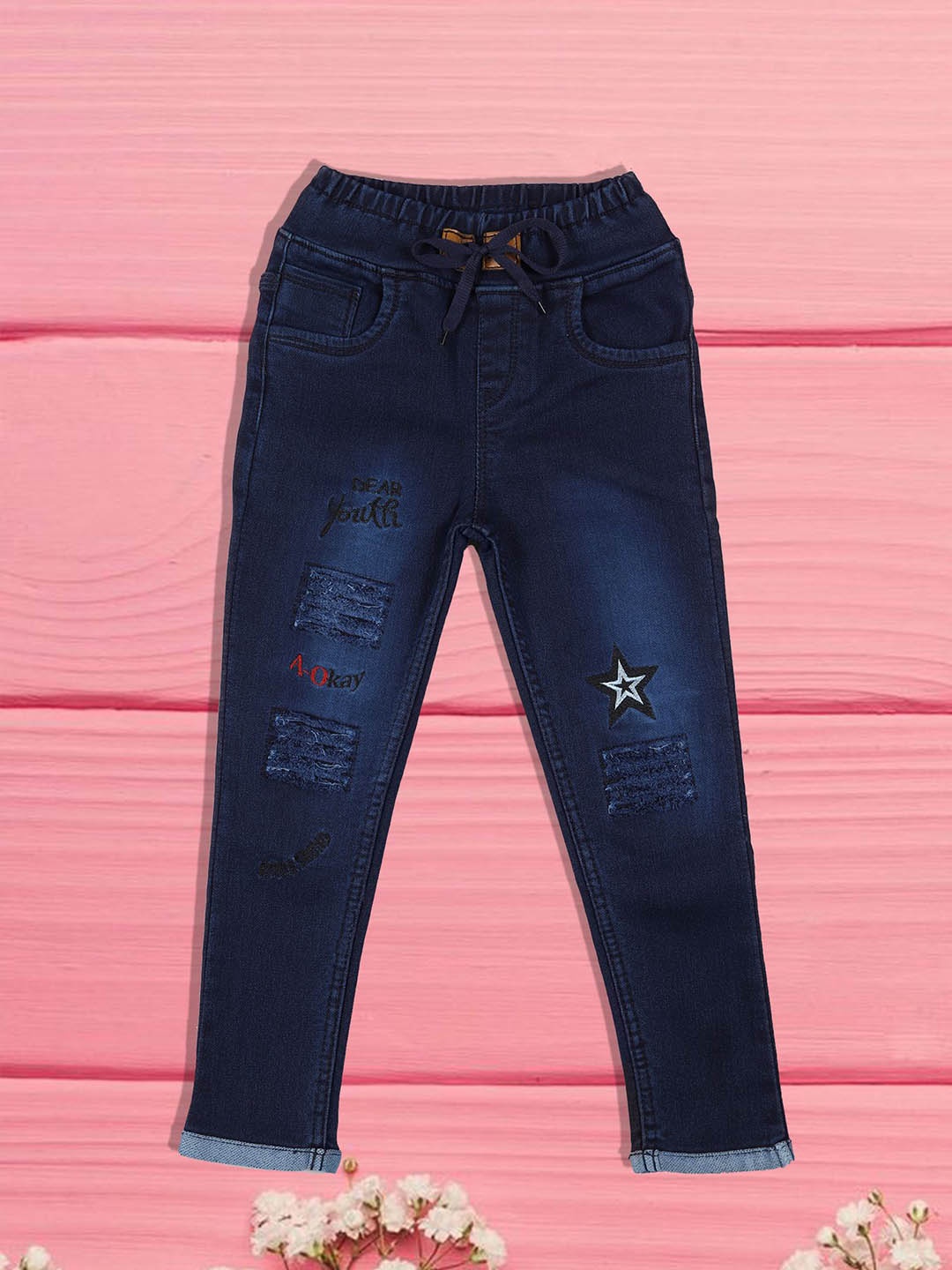 

F2M Girls Slash Knee Light Fade High Waist Embroidered Jeans, Blue