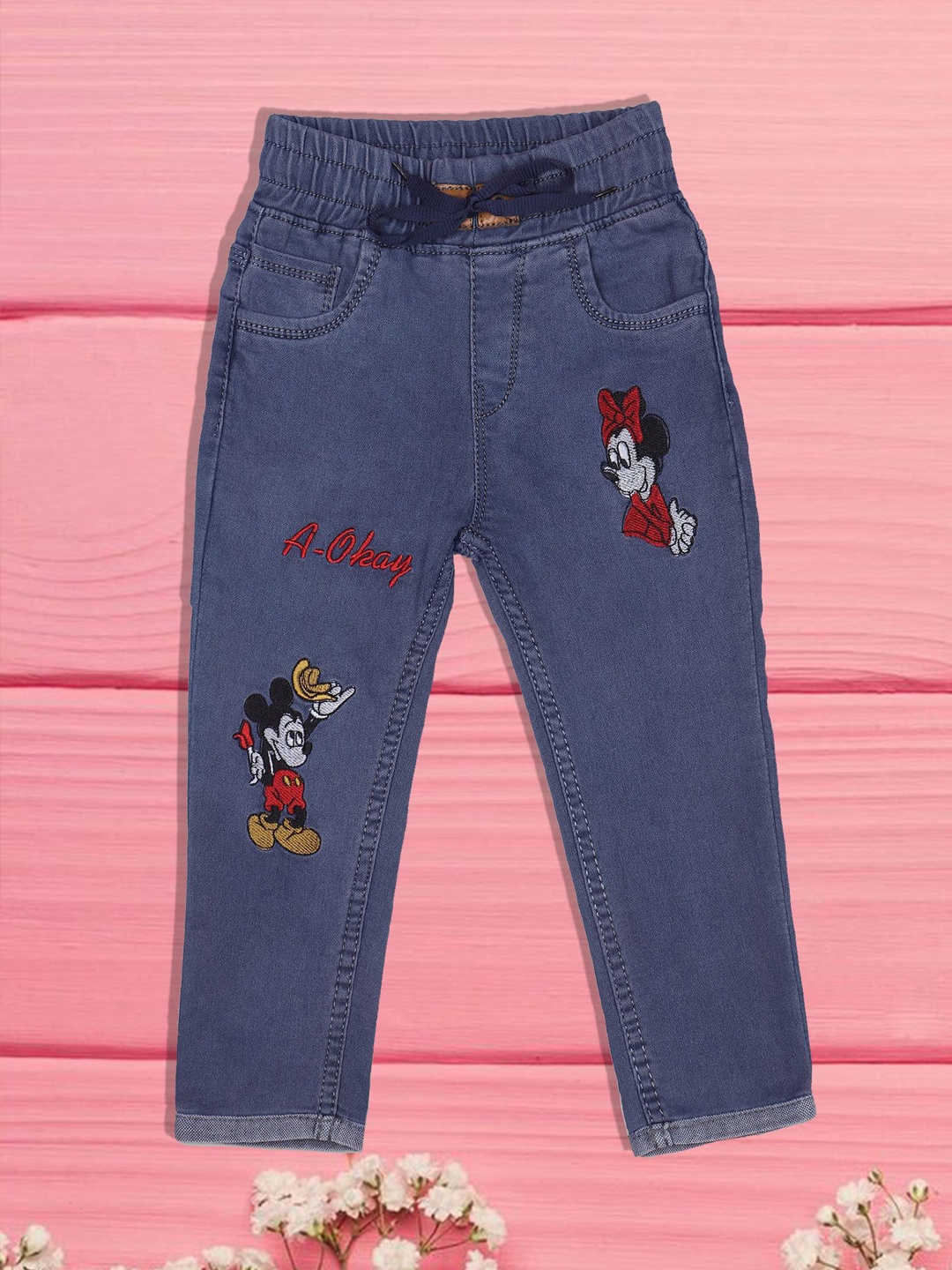 

F2M Girls Slash Knee Embroidered High Waist Jeans, Grey