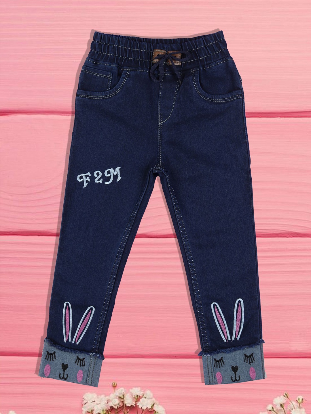 

F2M Girls Low Distress Embroidered High Waist Jeans, Blue