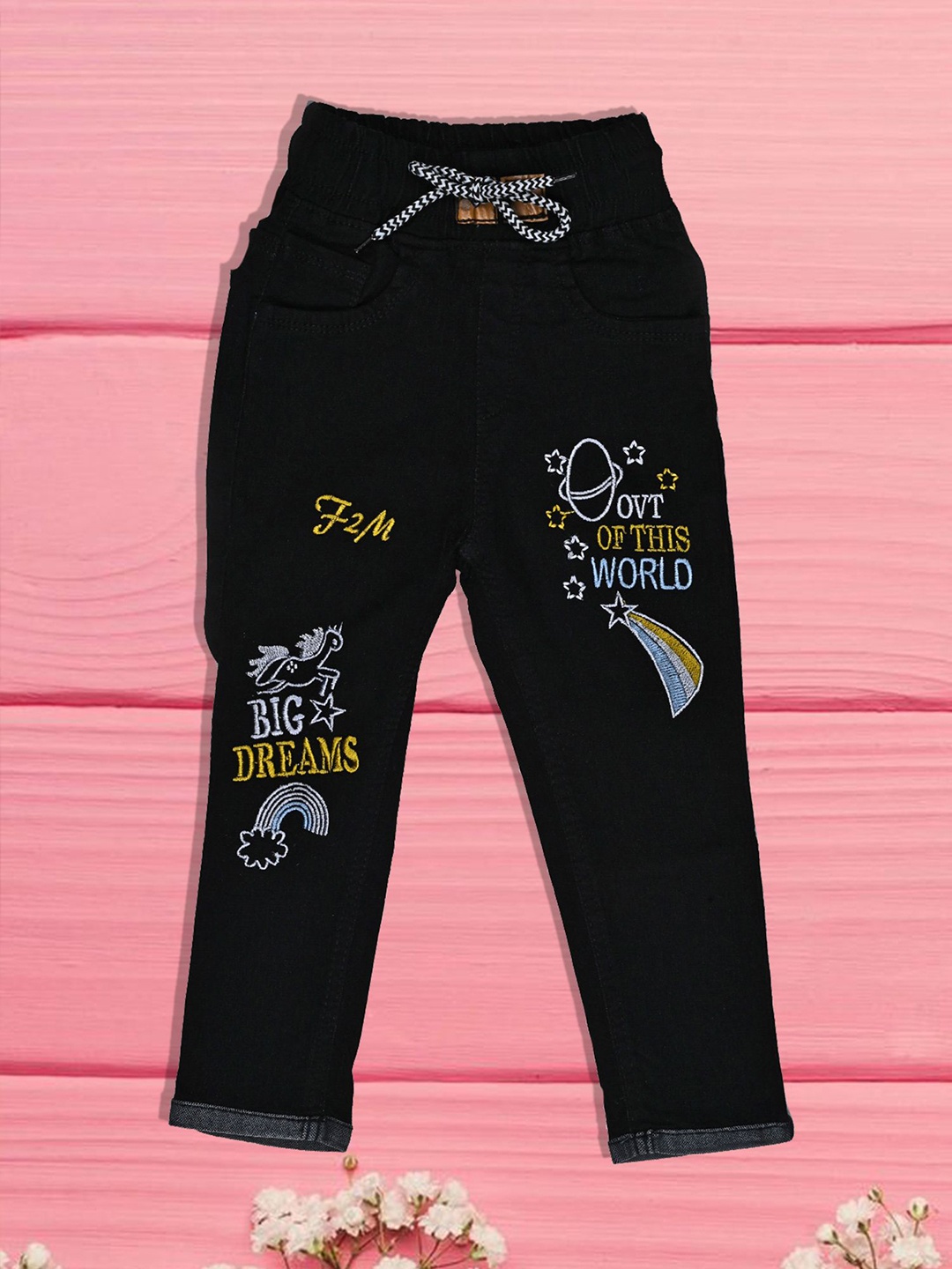 

F2M Unisex Kids Embroidered Stretchable Jeans, Black