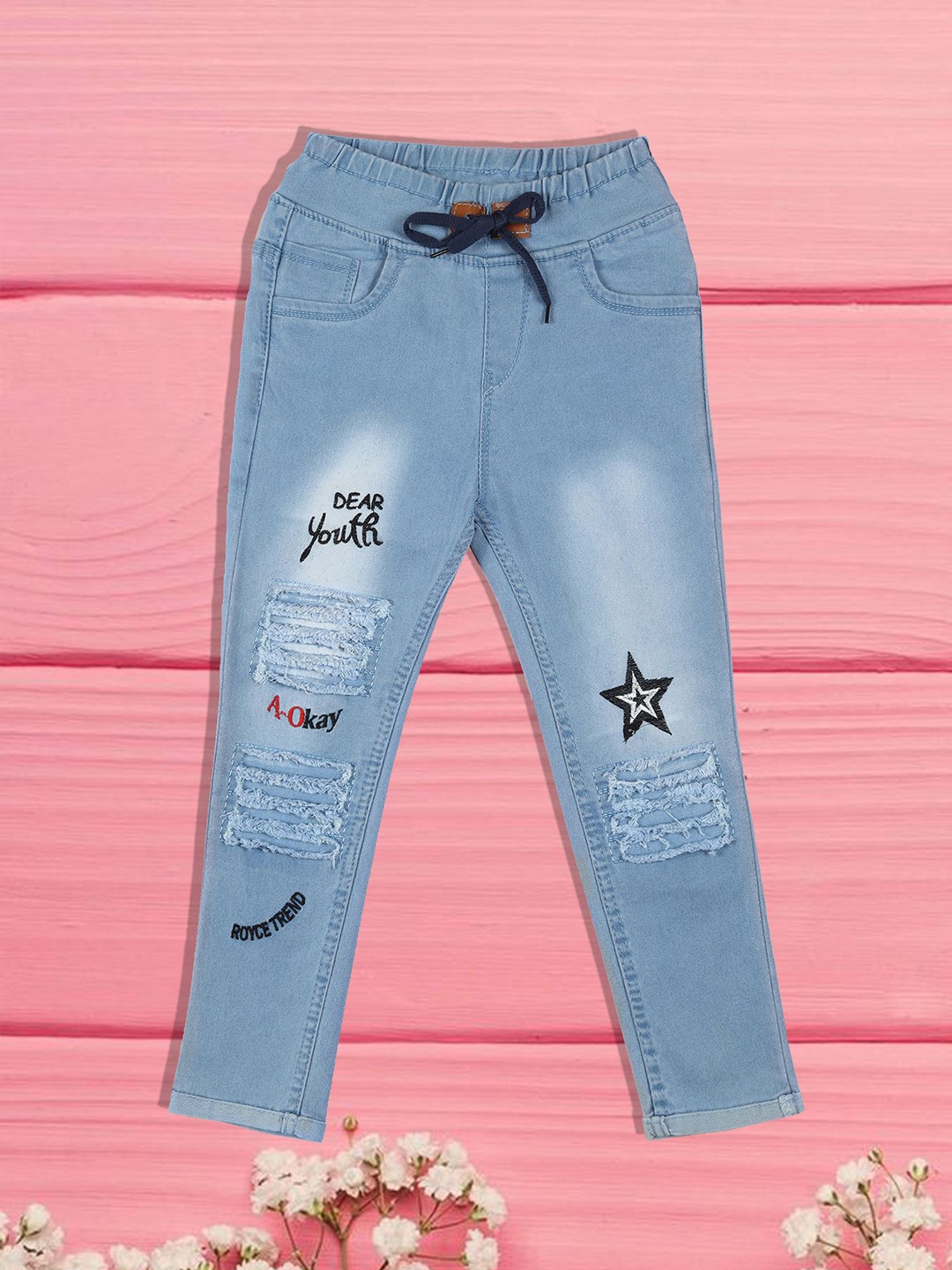 

F2M Unisex Kids Mildly Distressed Light Fade Embroidered Stretchable Jeans, Blue