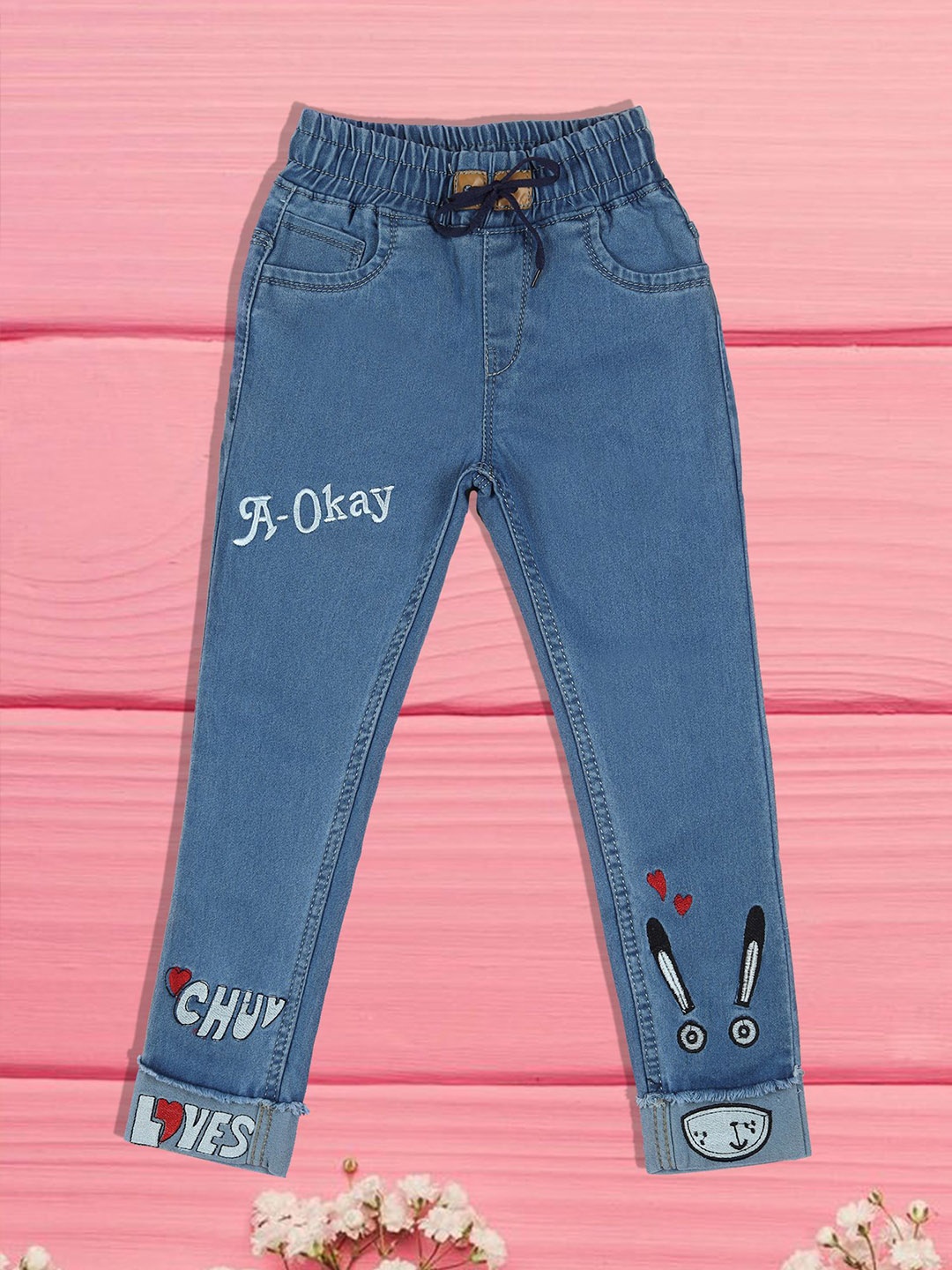 

F2M Unisex Kids Regular Fit Embroidered Mid-Rise Stretchable Jeans, Blue