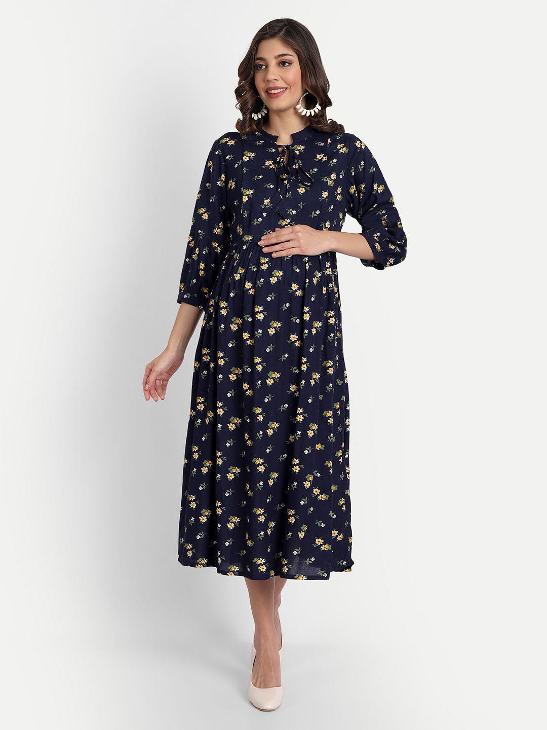 

Aaruvi Ruchi Verma Floral Print Maternity A-Line Midi Dress, Navy blue