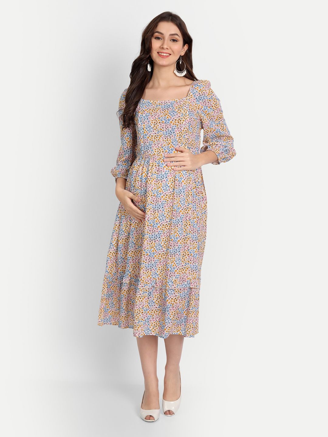 

Aaruvi Ruchi Verma Women Floral Print Maternity Fit & Flare Midi Dress, Blue