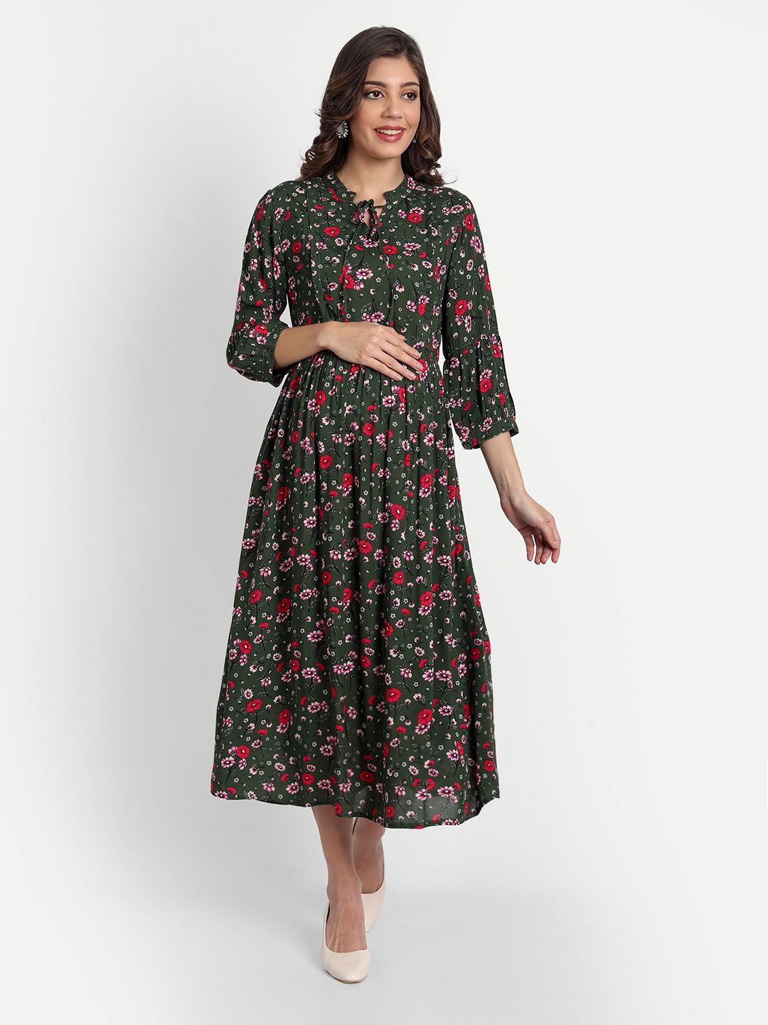 

Aaruvi Ruchi Verma Floral Printed Maternity Fit & Flare Midi Dress, Green