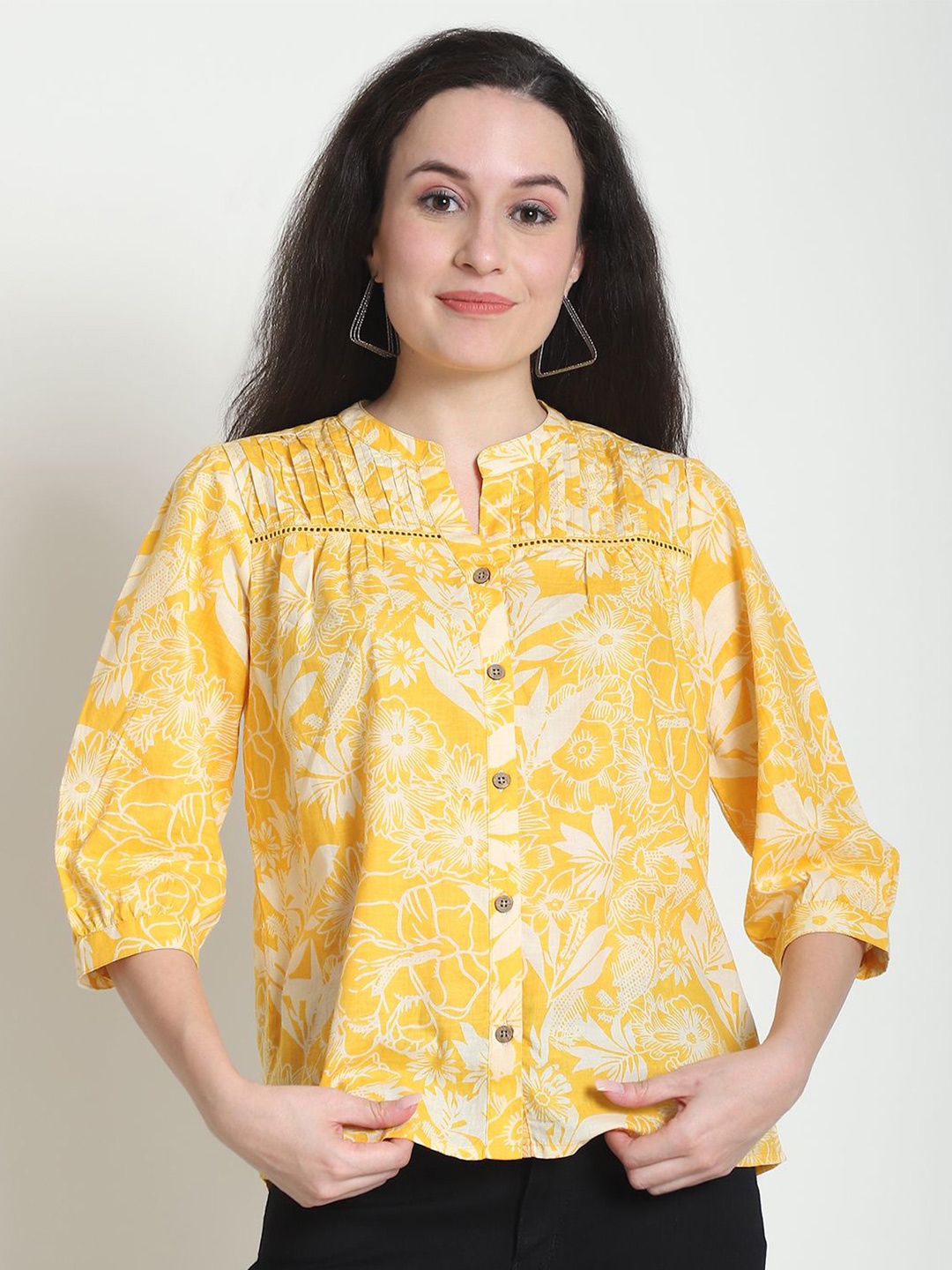 

Frempy Women Floral Print Mandarin Collar Puff Sleeve Organic Cotton Shirt Style Top, Mustard