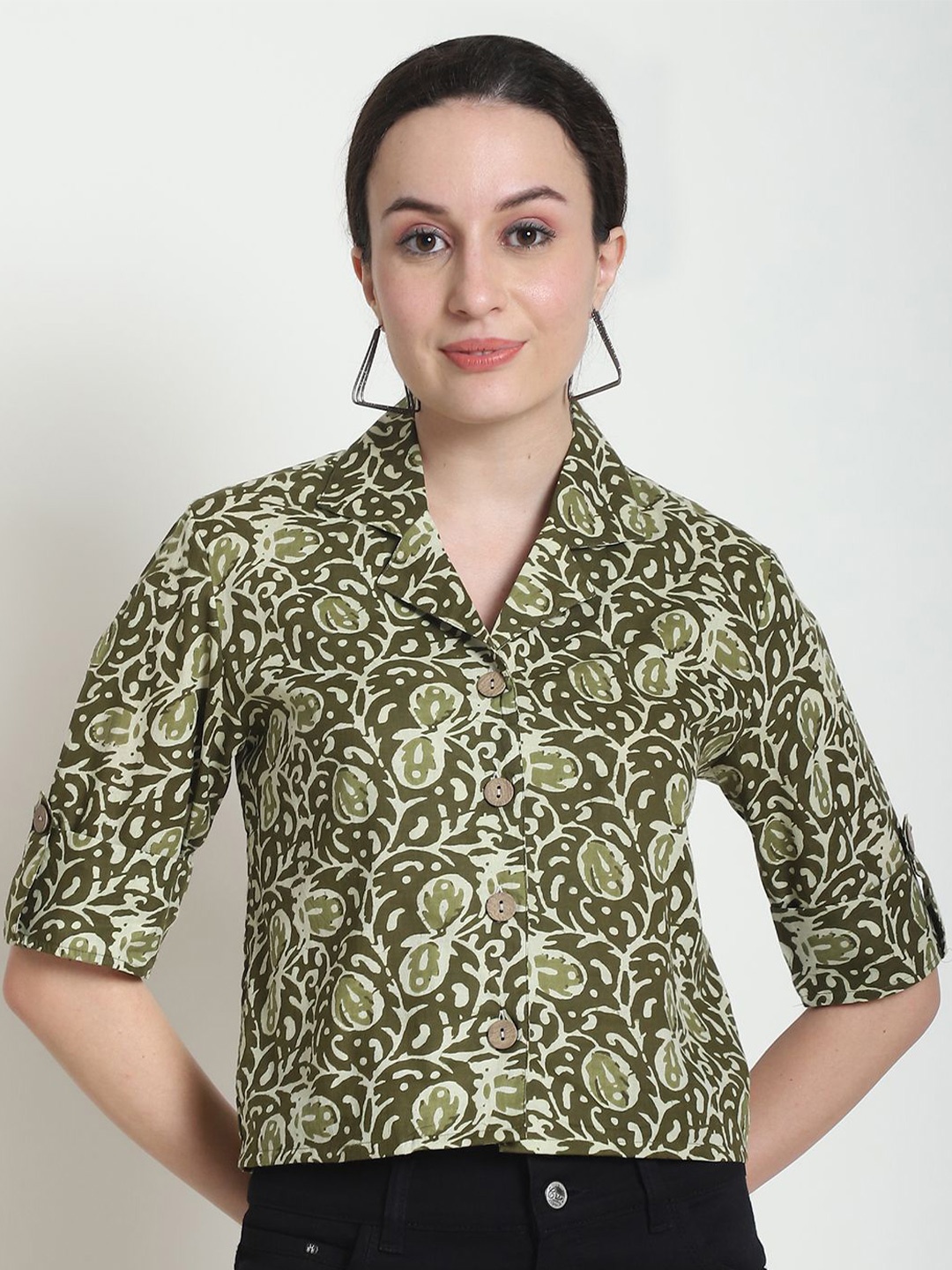 

Frempy Women Floral Printed Organic Cotton Top, Olive