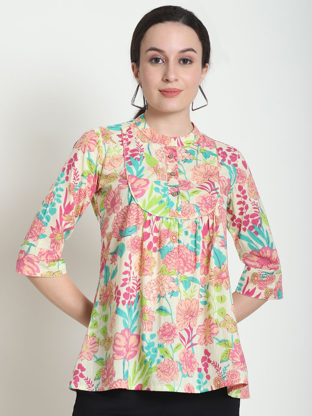 

Frempy Women Floral Printed Organic Cotton Top, Pink