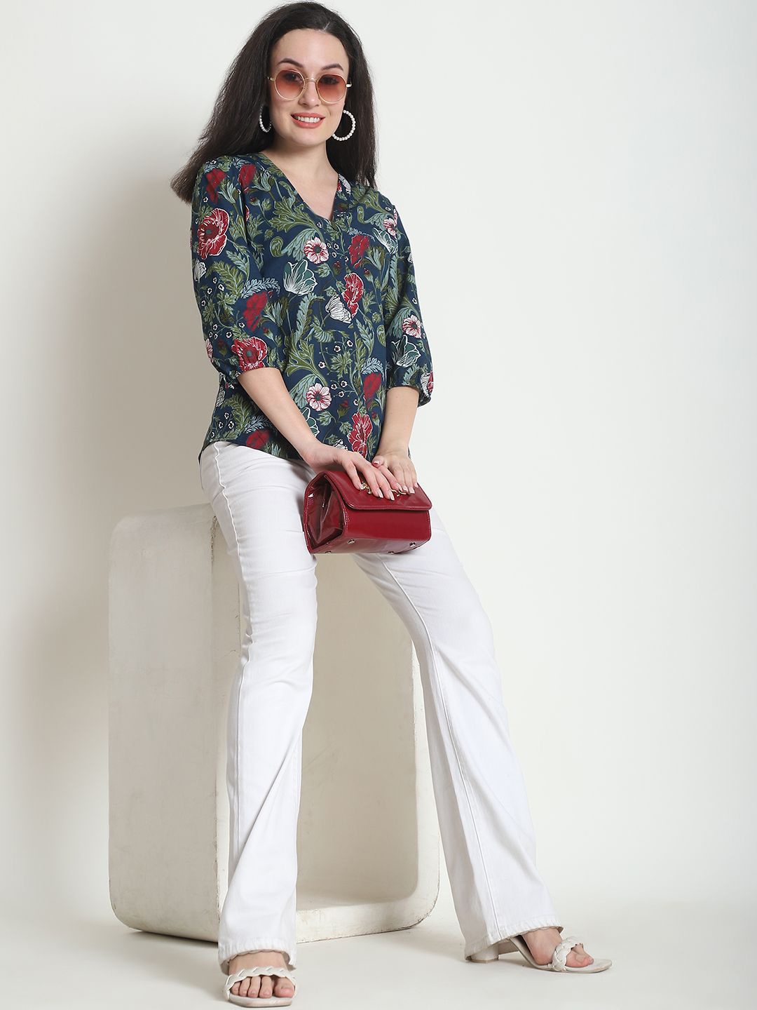 

Frempy Women Floral Print V Neck Roll-Up Sleeves Organic Cotton Shirt Style Top, Navy blue