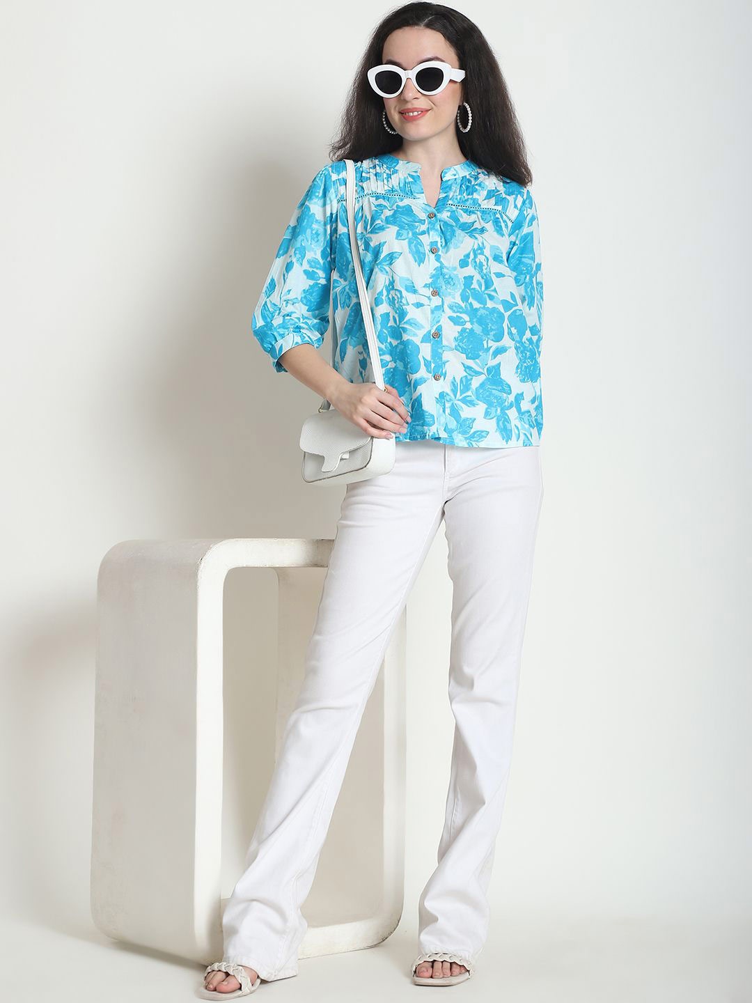 

Frempy Floral Printed Mandarin Collar Organic Cotton Shirt Style Top, Blue