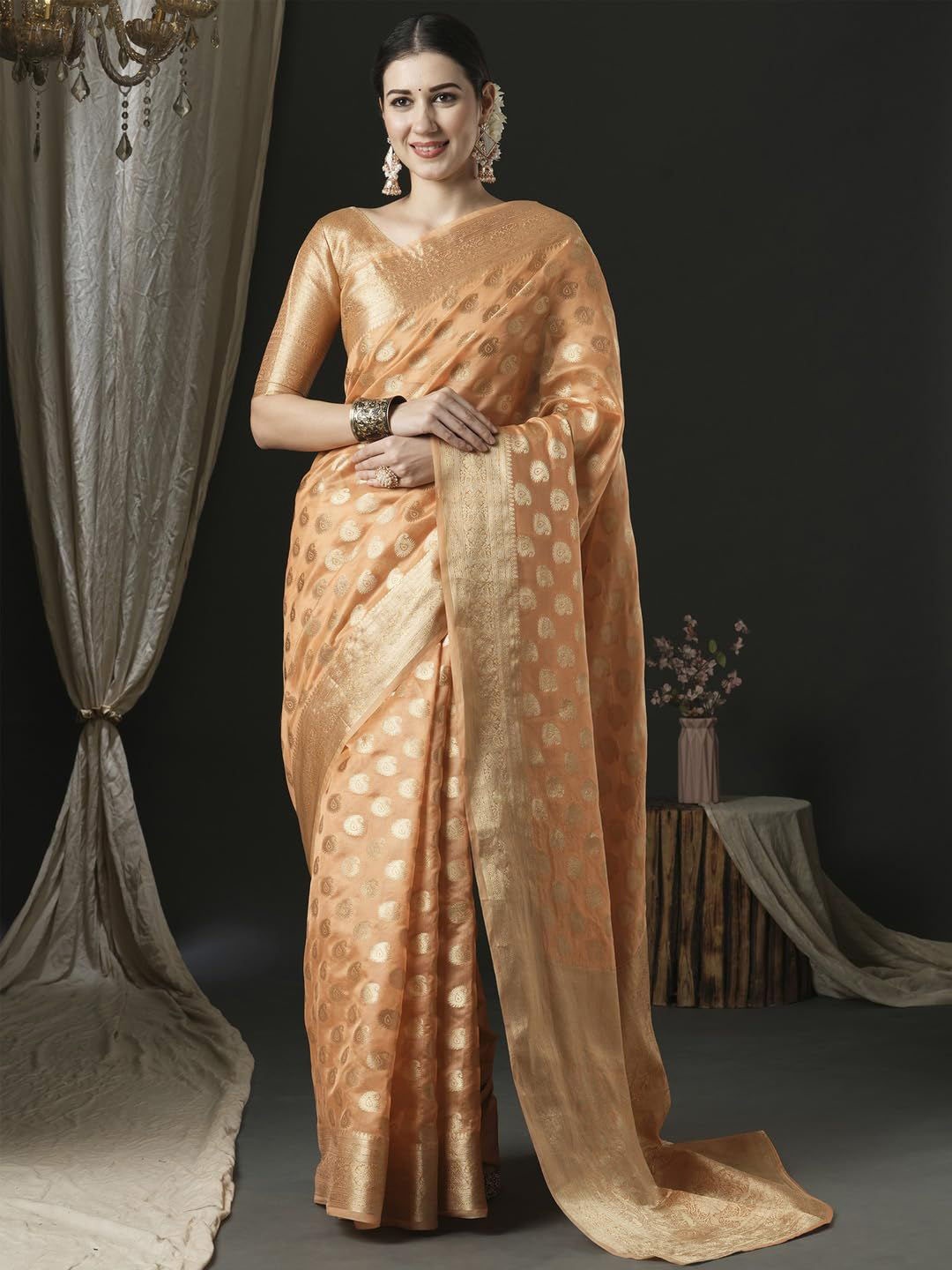 

Jinal & Jinal Woven Design Ethnic Motifs Zari Banarasi Saree, Orange