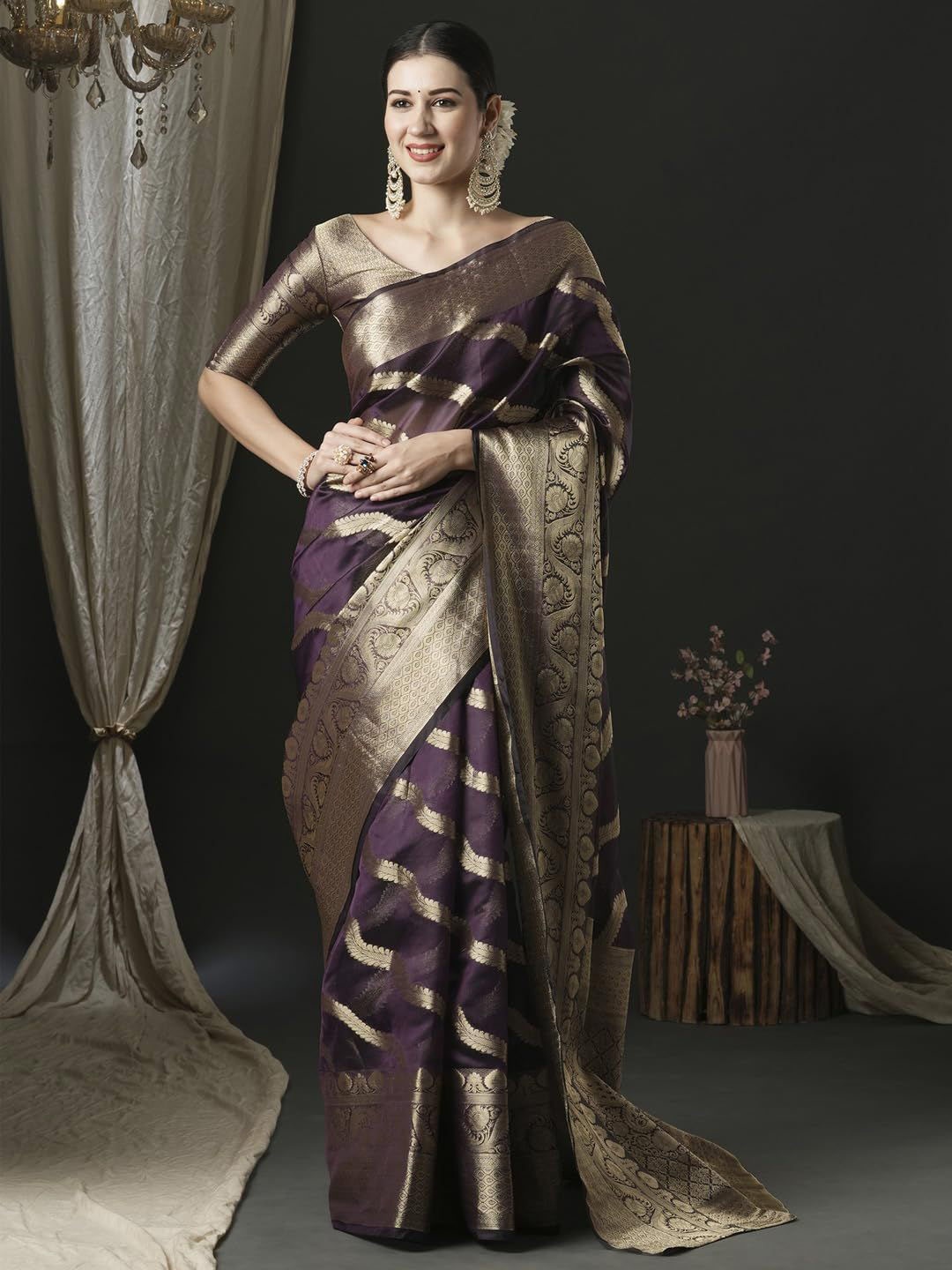 

Jinal & Jinal Woven Design Zari Banarasi Saree, Purple