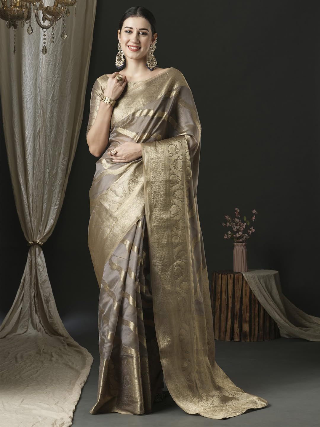 

Jinal & Jinal Woven Design Zari Banarasi Saree, Grey