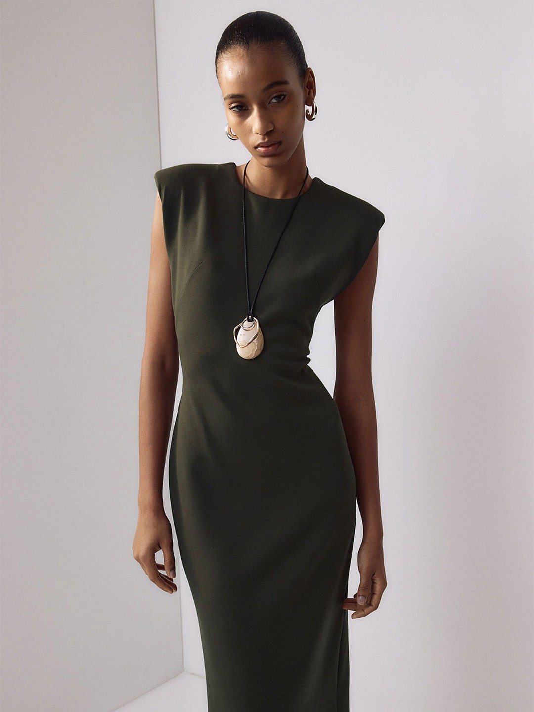 

H&M Shoulder-Pad Midi Dress, Olive