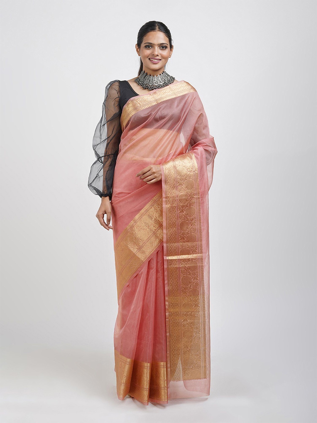 

AWRIYA Woven Design Zari Saree, Peach