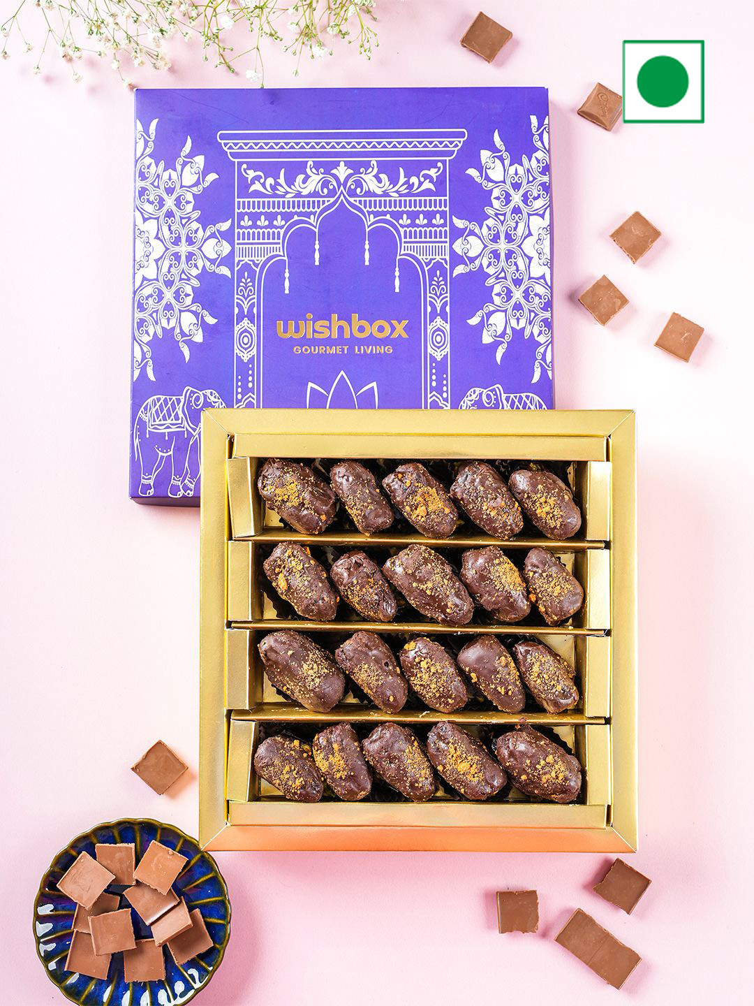 

Wishbox Choco-Coated Dates With Biscoff Filling, 1 Lumba Rakhi, 2 Rakhis, Kumkum & Rice, Brown