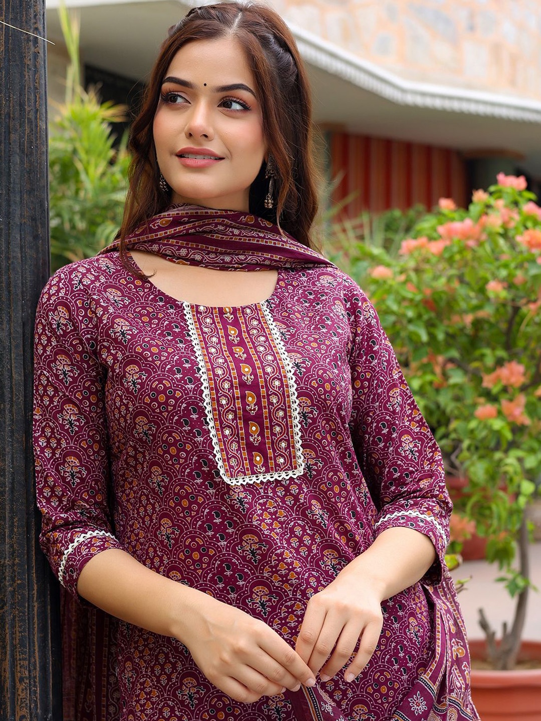 

Anouk Purple Ethnic Motifs Printed Pure Cotton Straight Kurta With Trousers & Dupatta