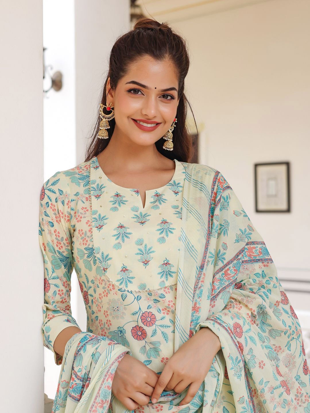 

Anouk Cream Floral Printed Pure Cotton Straight Kurta With Trousers & Dupatta