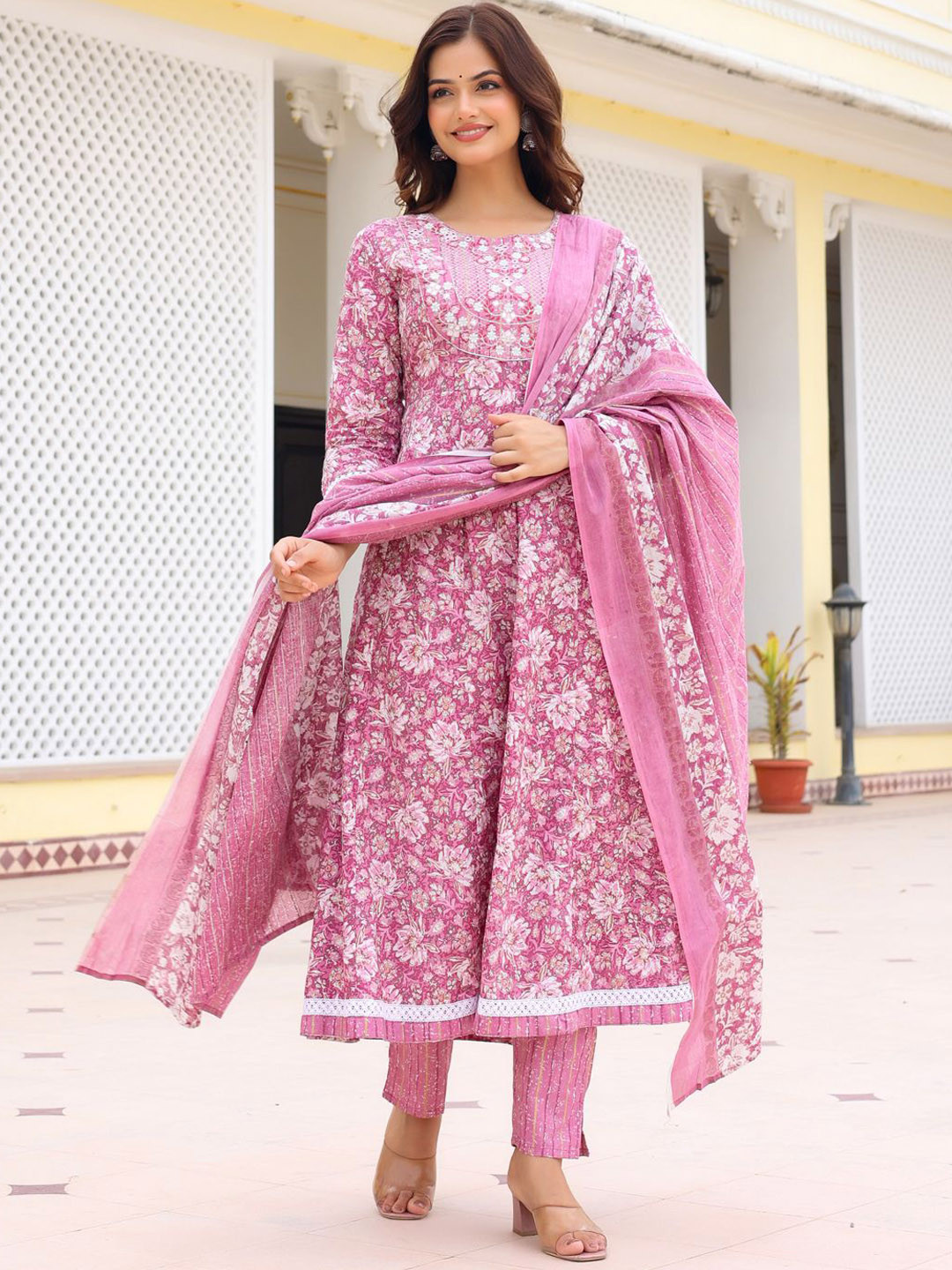 

Anouk Blue Floral Printed Regular Mirror Work Pure Cotton Kurta With Trousers & Dupatta, Mauve