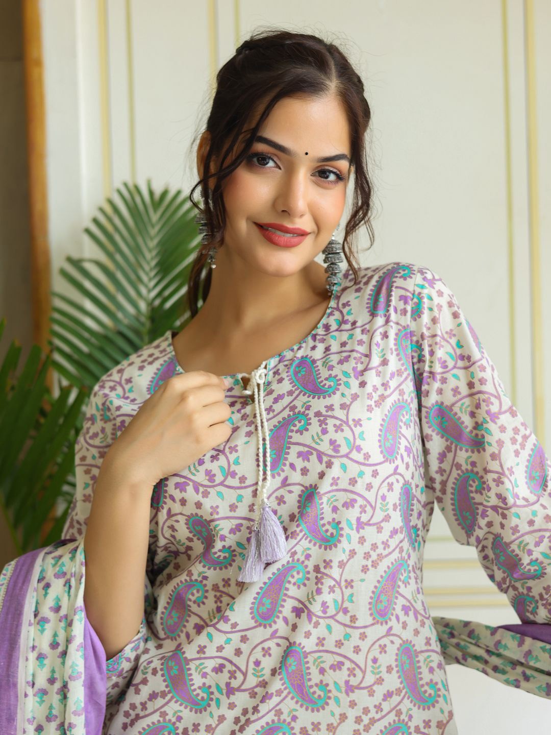 

Anouk Paisley Printed Tie-Up Neck Pure Cotton Straight Kurta With Trousers & Dupatta, White