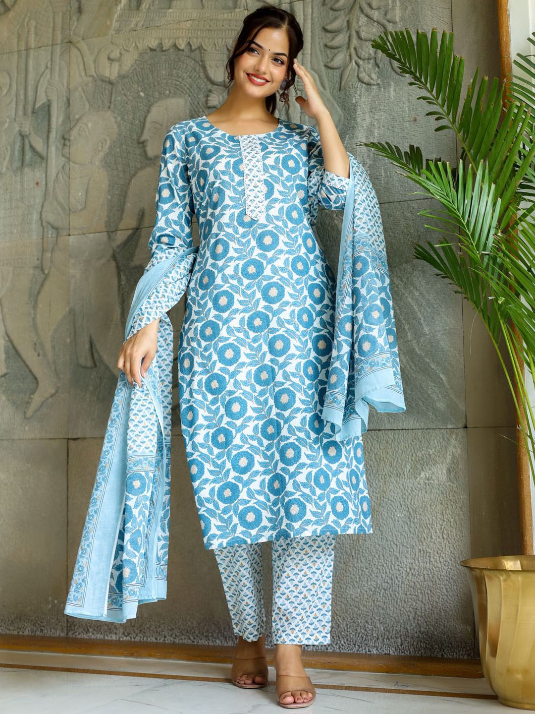 

Anouk Blue Floral Printed Regular Sequinned Pure Cotton Kurta With Trousers & Dupatta