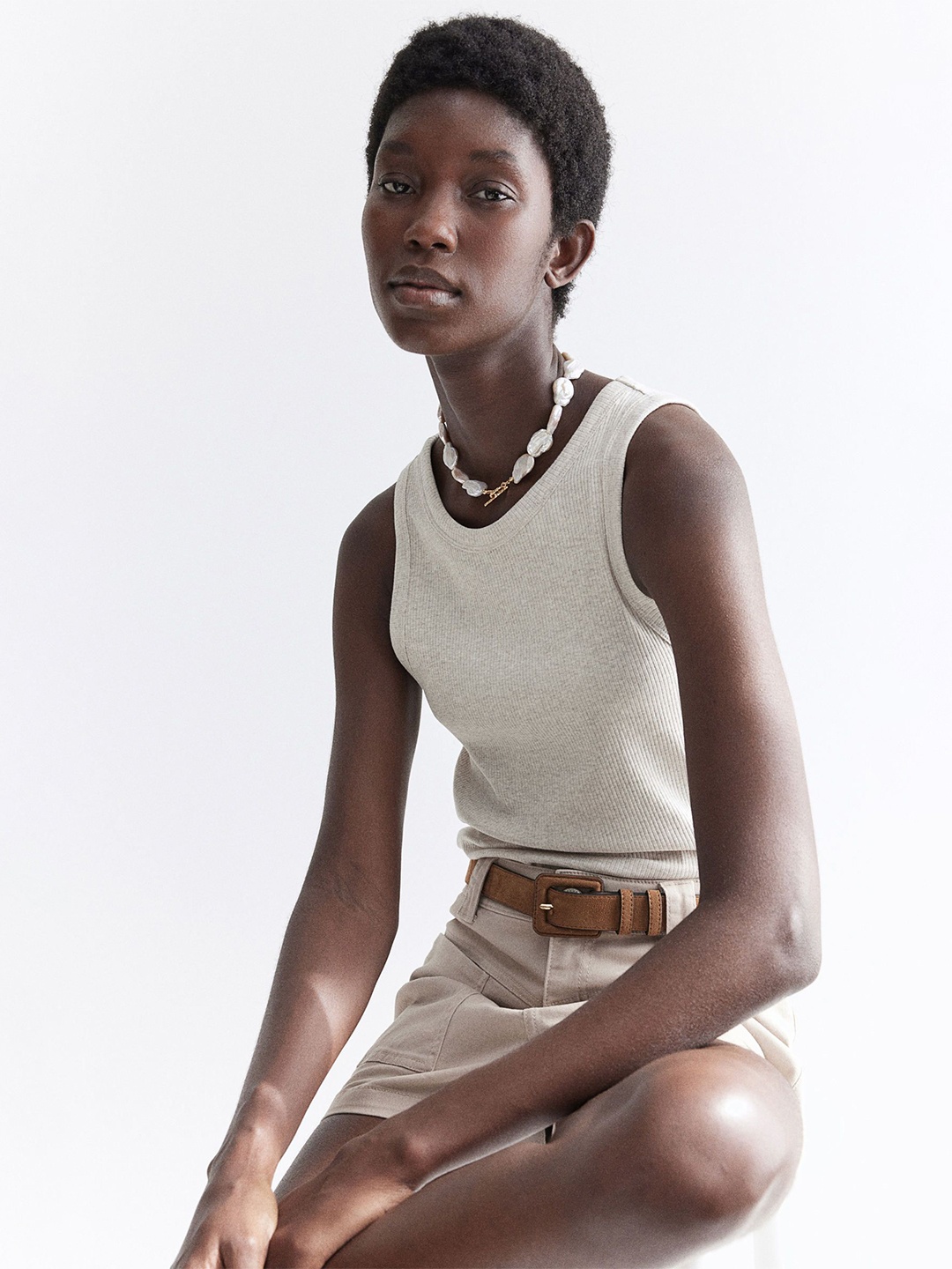 

H&M Ribbed Vest Top, Beige