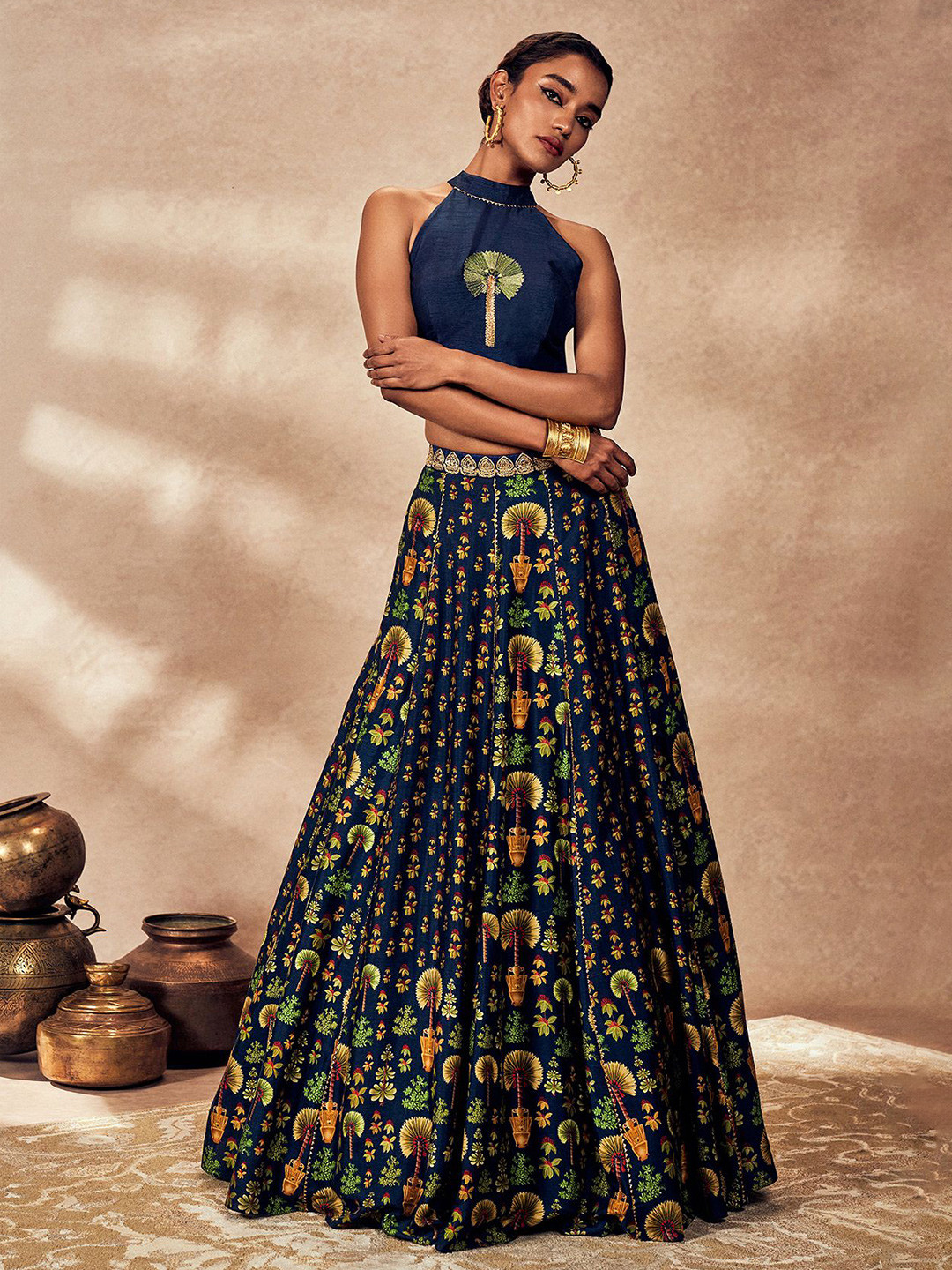 

Masaba Embroidered Thread Work Sleeveless Ready to Wear Lehenga & Blouse, Blue