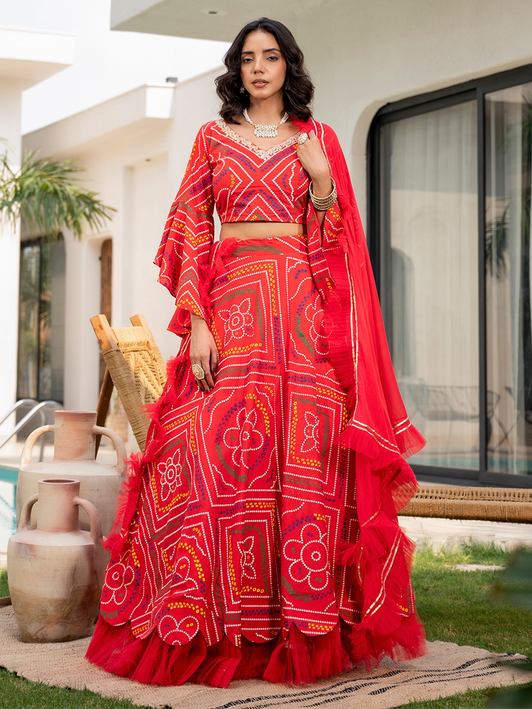 

Divena Bandhani Printed Cotton Ready to Wear Lehenga & Blouse With Dupatta, Red