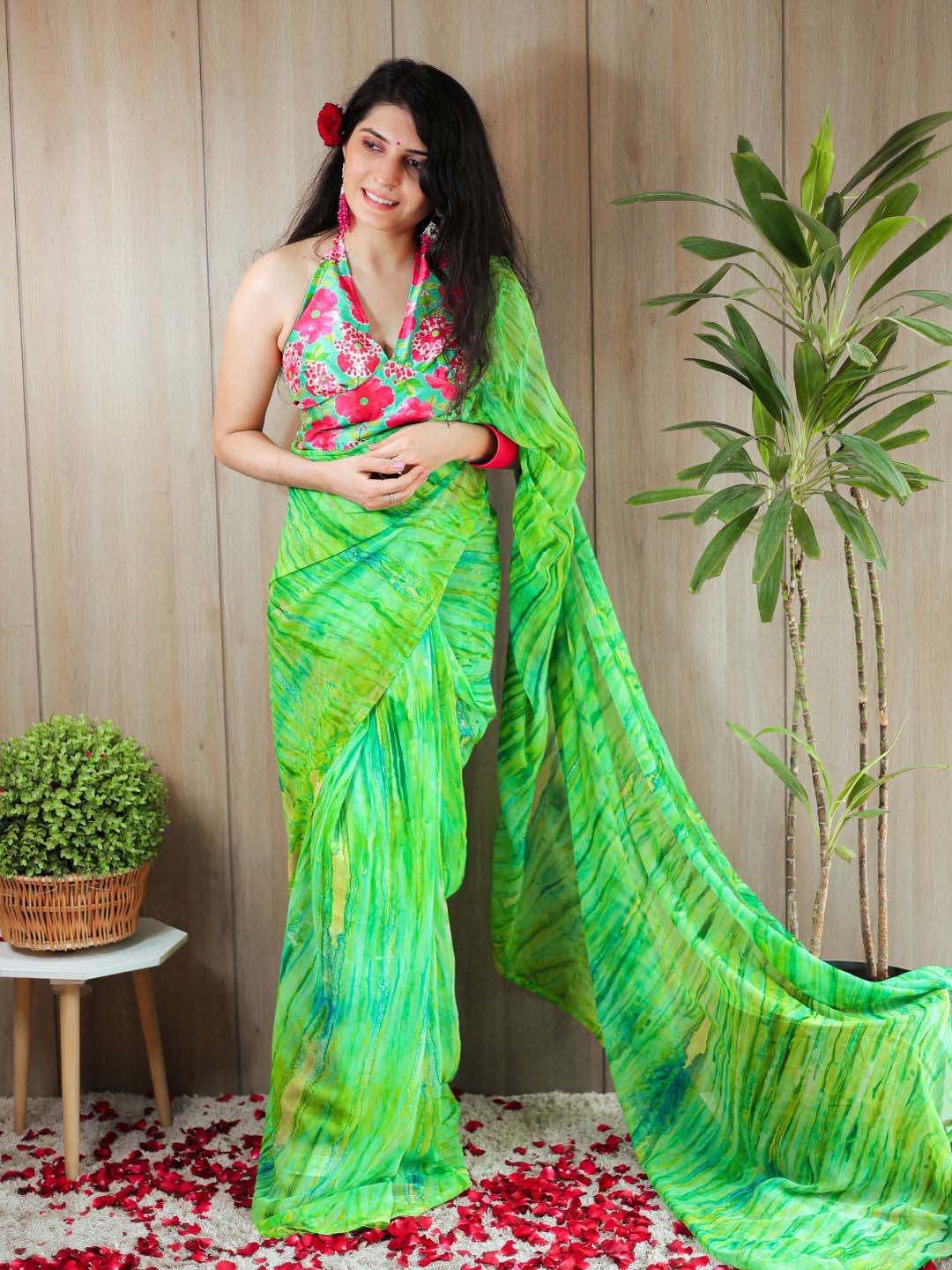 

KALINI Tie and Dye Printed Ready to Wear Saree, Green