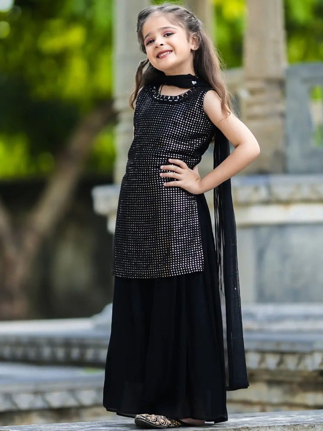 

BAESD Girls Embroidered Regular Mirror Work Kurta with Palazzos & Dupatta, Black