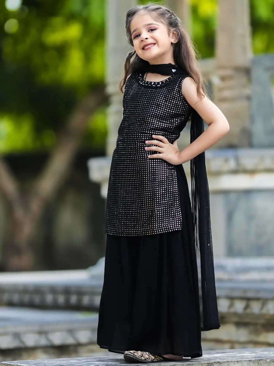 BAESD Girls Embroidered Regular Mirror Work Kurti with Palazzos & Dupatta, Black