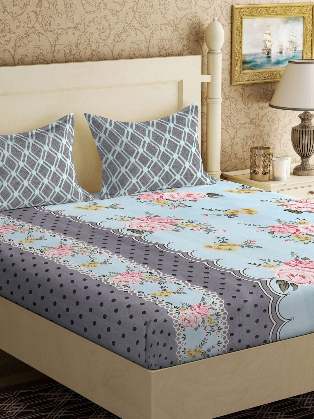 

KLOTTHE Blue & Pink Printed 300TC King Double Bedsheets with 2 pillow Covers