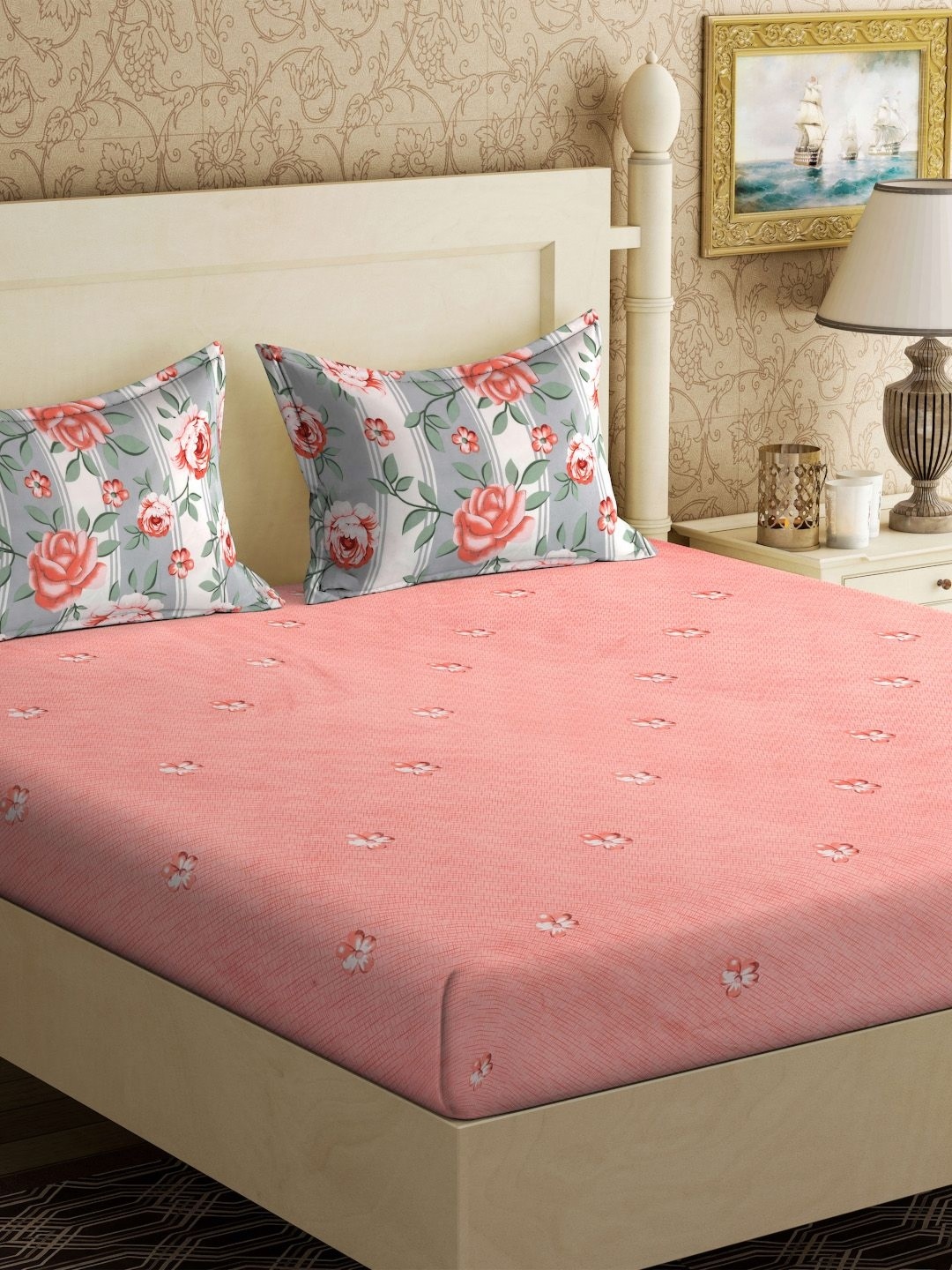 

KLOTTHE Pink Printed 300 TC King Double Bedsheet With 2 Pillow Covers