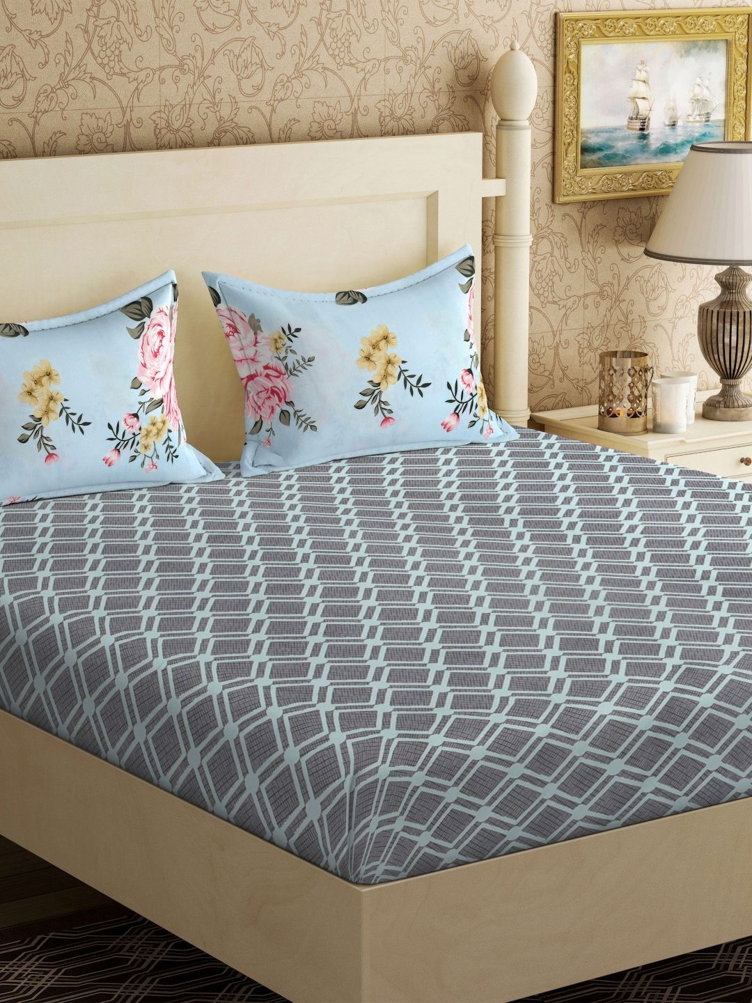 

KLOTTHE Grey & Blue Printed 300 TC King Bedsheet With 2 Pillow Covers