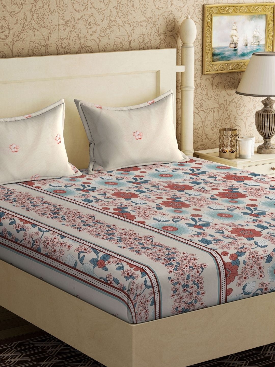 

KLOTTHE White & Brown Printed 300 TC King Double Bedsheet With 2 Pillow Covers