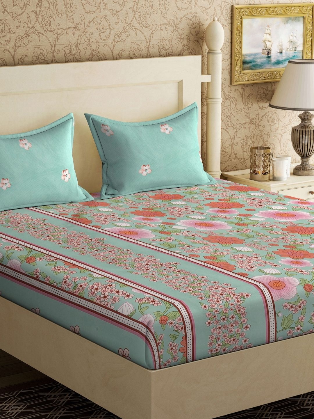 

KLOTTHE Green & Pink Printed 300 TC King Double Bedsheet With 2 Pillow Covers